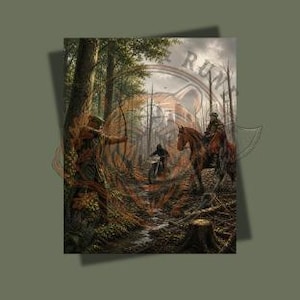 May include: An artistic print showing a forest scene with an archer, a rider on horseback, and a motorcyclist. The artwork uses browns, greens, and grays, highlighting the light and shadow within the woodland setting.