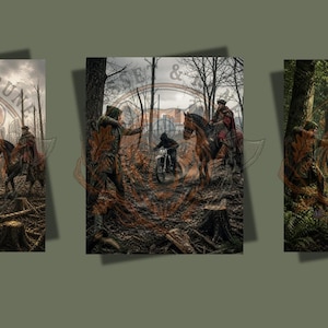 May include: Three framed art prints showing a forest scene with figures on horseback and a person on a motorcycle. The artwork has a muted colour palette with a focus on the forest and figures. The prints are displayed on a green background.