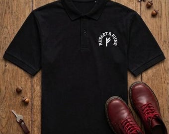 Minimalistisches Fehu Rune besticktes Poloshirt, Premium-Bio-Baumwolle Norse Collared Tee, Luxus Viking Reichtum Symbol Streetwear Pique Top