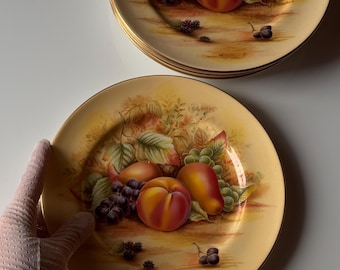Set di 6 piatti dorati Aynsley Orchard – Design vintage con frutta, realizzati in Inghilterra