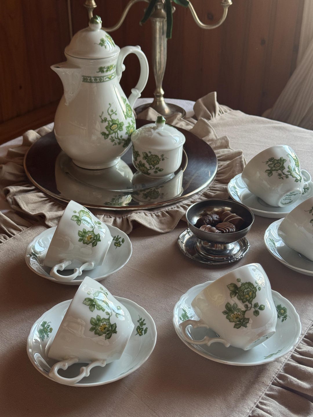 Vintage Bavarian Tea Set for 5 – White Porcelain Green Floral German ...