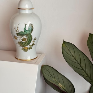 Vintage Ginger Jar with Lid – Jaeger Bavaria Porcelain Green Peacock Motif Collector’s Piece