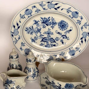 Blue Danube Japan Gravy Boat Set | Blue Onion Style Porcelain Serving Platter, Creamer, Shakers
