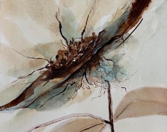 Original Watercolor Magnolia Painting Delicate Floral Art Brown & Beige Botanical Wall Art