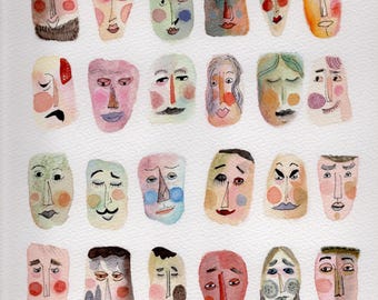 Original Watercolor Painting 24 Fun Faces Colorful Abstract Characters