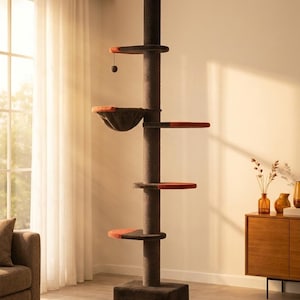 Könnte beinhalten: Ein hoher, brauner Kratzbaum mit mehreren Plattformen und einer Hängematte. Die Plattformen haben orangefarbene Akzente. Ein hängendes Spielzeug hängt von oben. Der Kratzbaum steht in einem hellen Raum mit Fenster und Vorhängen.