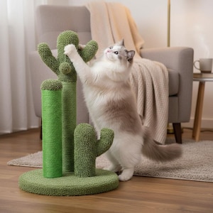 May include: A green cactus-shaped cat scratching post with a light-colored cat playing on it. The cat tree has a round base and multiple textured cactus arms and posts. The cat is light-colored with gray markings.