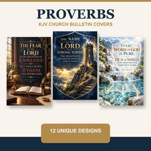 May include: A set of 12 KJV church bulletin covers featuring religious themes. The designs include a library scene with an open book, a stone tower on a mountain path, and a flowing waterfall. Each cover displays biblical text from Proverbs.