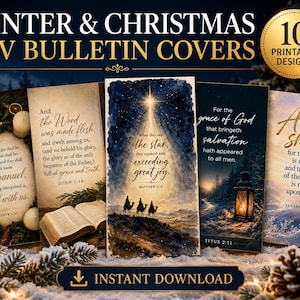 May include: A collection of five vertical rectangular bulletin covers featuring winter and Christmas themes with KJV scripture text. The designs include imagery of candles, an open Bible, the Star of Bethlehem with three travelers, a lantern, and snowy landscapes with gold lettering.
