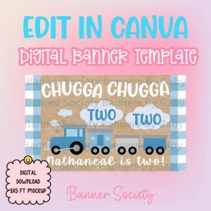 Modelo de banner de aniversário Chugga Chugga Two Gingham 3x5 (Download digital)