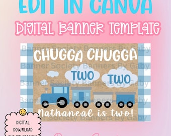 Chugga Chugga Two Gingham Birthday Banner Template 3x5 (Digital Download)