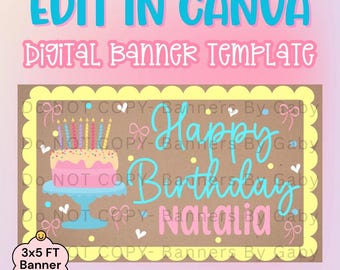 Whimsical Girly Birthday Banner Template No.4 I Canva Mockup (Digital Download)
