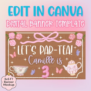 Modelo de banner para festa de aniversário com tema de chá | Mockup do Canva | Banner de aniversário (Download digital)