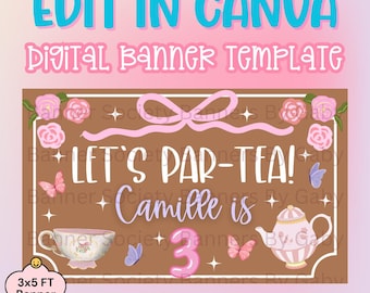 Tea Party Birthday Banner Template I Canva Mockup I Birthday Banner (Digital Download)