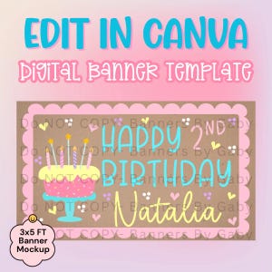 Modelo de banner de aniversário feminino e encantador nº 5 | Mockup para Canva (Download digital)