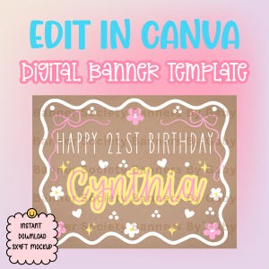 Modelo de banner para festa de aniversário de 21 anos feminina | Banner de aniversário dourado (Download digital)