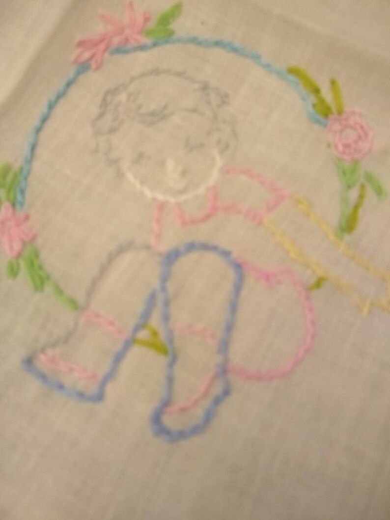Multi-Pastel Embroidered Colors of Small Child Pretty Vintage Hankie with Crocheted Edges