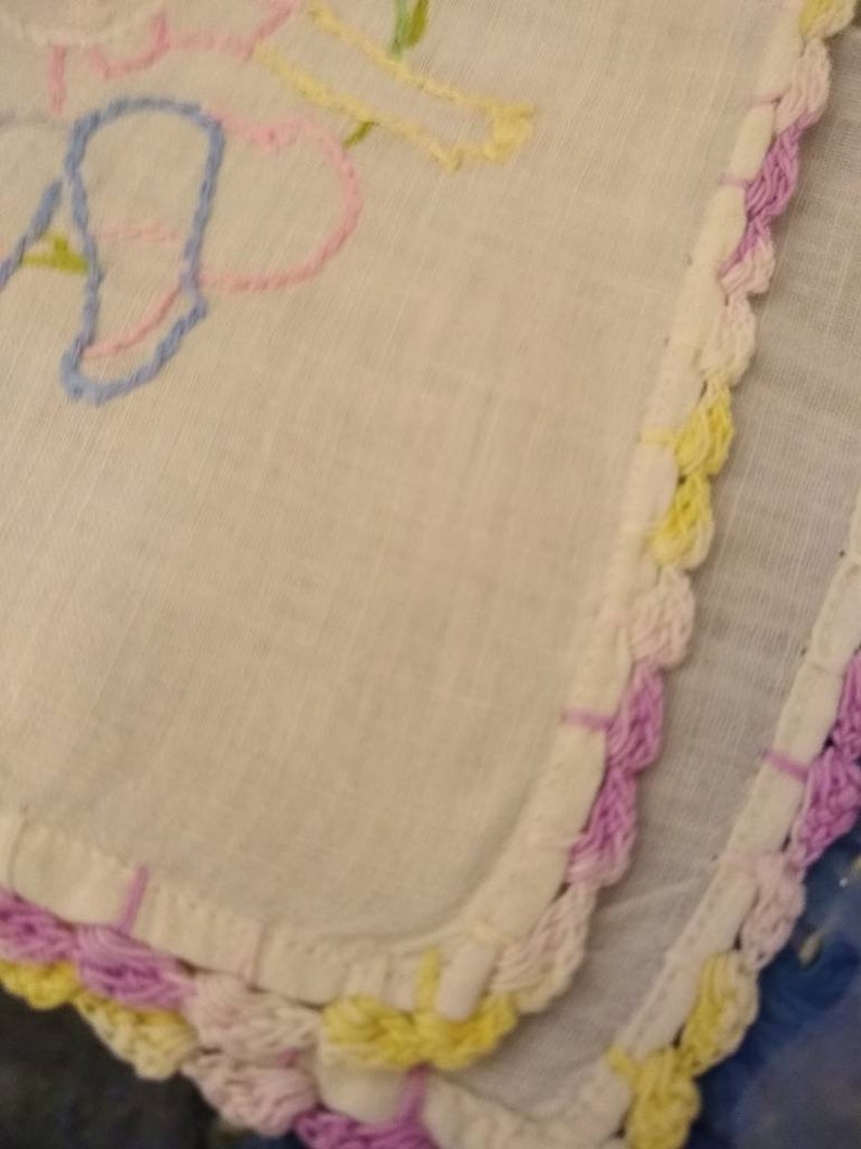 Multi-Pastel Embroidered Colors of Small Child Pretty Vintage Hankie with Crocheted Edges