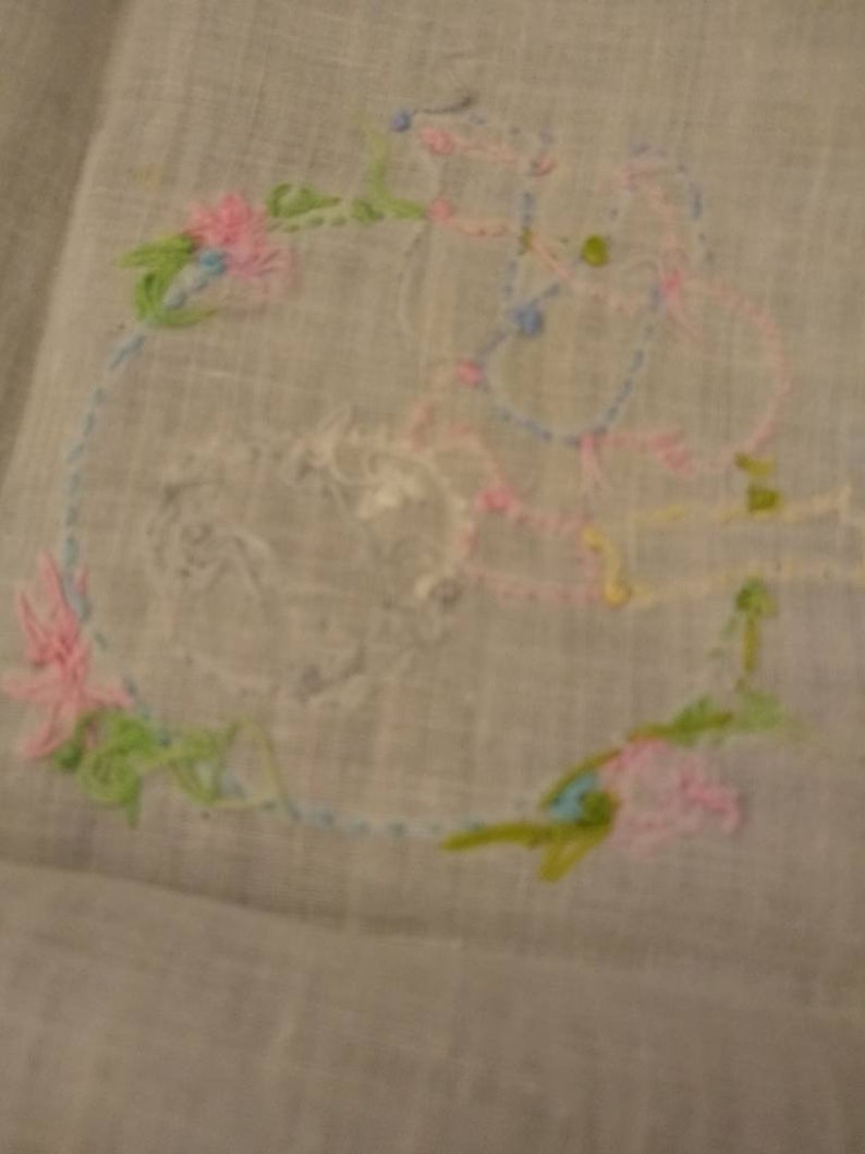 Multi-Pastel Embroidered Colors of Small Child Pretty Vintage Hankie with Crocheted Edges