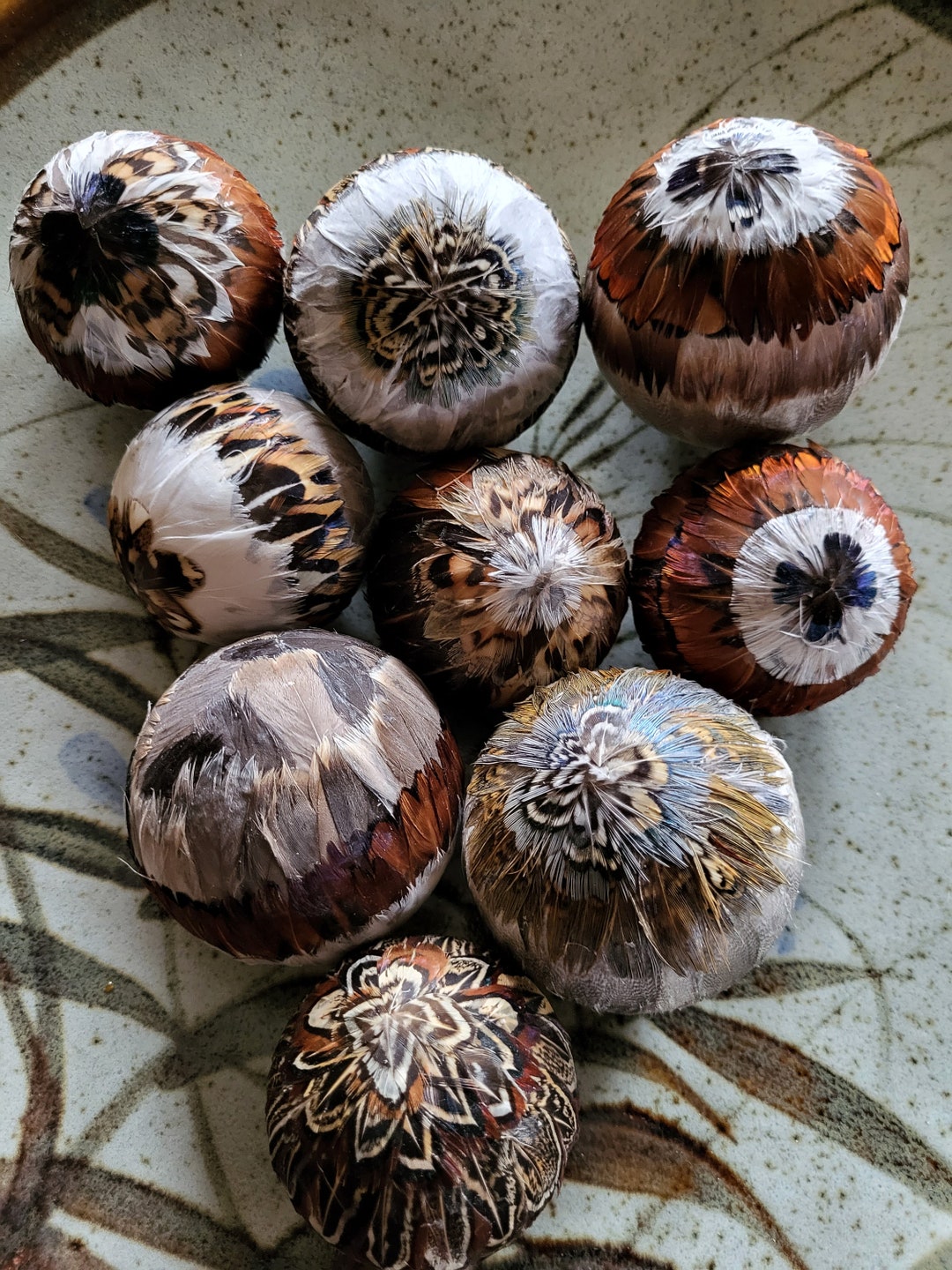 Nine Multi-bird Pheasant Feather Decor Balls. A Variety Grouping of Two ...
