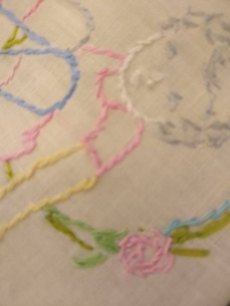 Multi-Pastel Embroidered Colors of Small Child Pretty Vintage Hankie with Crocheted Edges