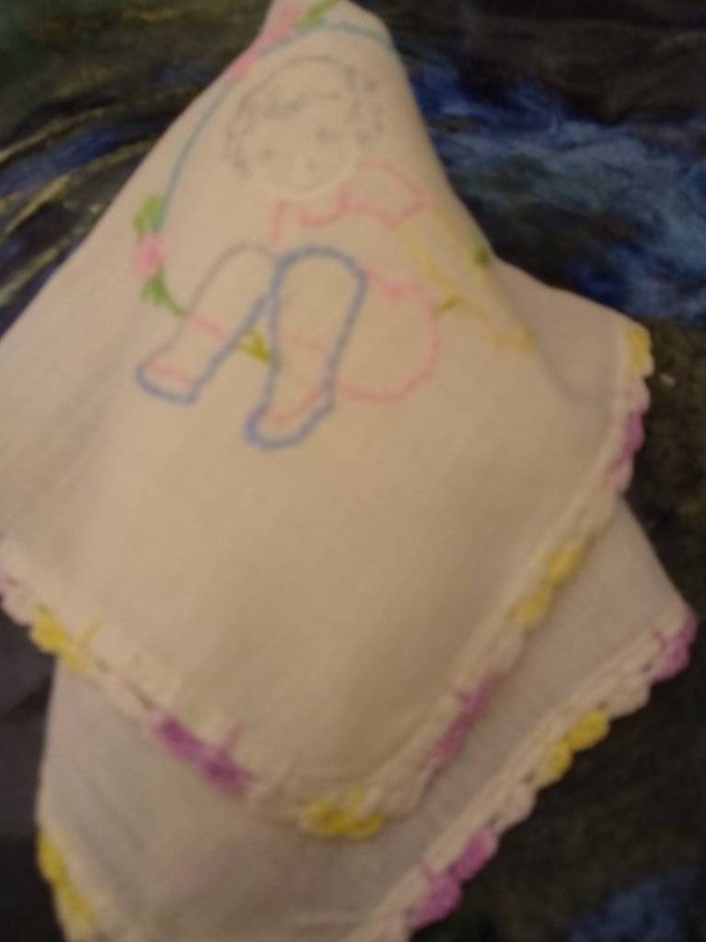 Multi-Pastel Embroidered Colors of Small Child Pretty Vintage Hankie with Crocheted Edges