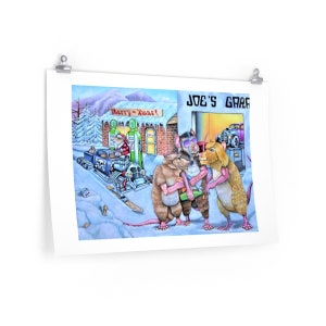 May include: A whimsical print featuring anthropomorphic rats in a winter scene. One rat drives a snowmobile with a skull design, while others gather near a garage. The print includes the text "Merry Xmas" and "Joe's Garage".