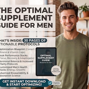 Può includere: L'immagine mostra un uomo sorridente con un tablet con "OPTIMAL SUPPLEMENT GUIDE". Il testo include "THE OPTIMAL SUPPLEMENT GUIDE FOR MEN" e "GET INSTANT DOWNLOAD & START OPTIMIZING!". La guida offre 30 pagine di protocolli.
