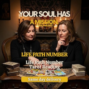 May include: Two women are seated at a table with tarot cards, candles, and the text "YOUR SOUL HAS A MISSION." The text "LIFE PATH NUMBER" and "Life Path Number Tarot Reading" are also visible. A banner reads "Same day delivery."