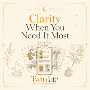 K&ouml;nnte beinhalten: Eine digitale Grafik mit dem Text Clarity When You Need It Most und Twinfate Professional Tarot & Psychic Reader. Ein Smartphone zeigt Tarotkarten-Lesungen, umgeben von Illustrationen des Narren, des Eremiten, Kristallen und Blumen.