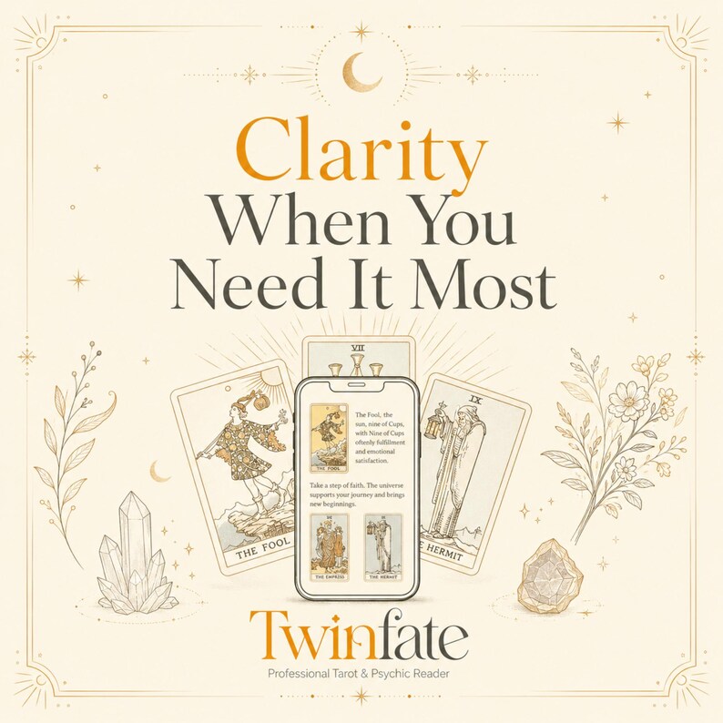 K&ouml;nnte beinhalten: Eine digitale Grafik mit dem Text Clarity When You Need It Most und Twinfate Professional Tarot & Psychic Reader. Ein Smartphone zeigt Tarotkarten-Lesungen, umgeben von Illustrationen des Narren, des Eremiten, Kristallen und Blumen.