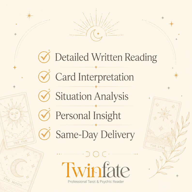 K&ouml;nnte beinhalten: Eine beige Grafik mit goldenen Tarotkarten-Illustrationen und dem Text: Detailed Written Reading, Card Interpretation, Situation Analysis, Personal Insight, Same-Day Delivery sowie dem Namen Twinfate Professional Tarot & Psychic Reader.