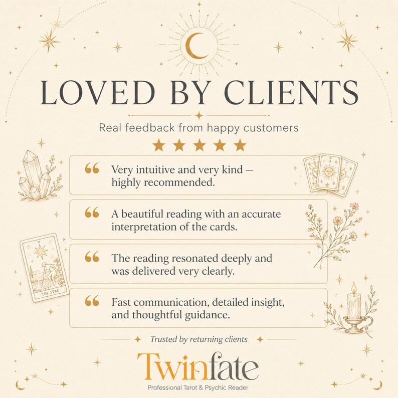 K&ouml;nnte beinhalten: Eine beige Grafik mit dem Text LOVED BY CLIENTS und Real feedback from happy customers sowie f&uuml;nf goldenen Sternen. Sie enth&auml;lt vier Erfahrungsberichte, Illustrationen von Kristallen, Tarotkarten, Blumen, einer Kerze und den Text Twinfate.