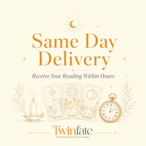 K&ouml;nnte beinhalten: Eine Grafik mit dem Text Same Day Delivery und Receive Your Reading Within Hours. Darunter sind drei Tarotkarten mit den Bezeichnungen The Star, The Sun und The Moon neben einer brennenden Kerze und einer Taschenuhr abgebildet. Der Markenname Twinfate steht unten.