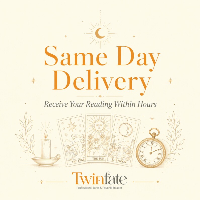 K&ouml;nnte beinhalten: Eine Grafik mit dem Text Same Day Delivery und Receive Your Reading Within Hours. Darunter sind drei Tarotkarten mit den Bezeichnungen The Star, The Sun und The Moon neben einer brennenden Kerze und einer Taschenuhr abgebildet. Der Markenname Twinfate steht unten.