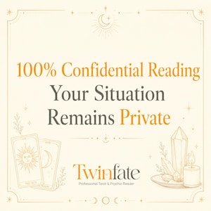 K&ouml;nnte beinhalten: Eine Grafik mit dem Text 100% Confidential Reading Your Situation Remains Private und Twinfate Professional Tarot & Psychic Reader. Das Design enth&auml;lt Strichzeichnungen von zwei Tarotkarten, Kristallen und einer Kerze auf cremefarbenem Grund.