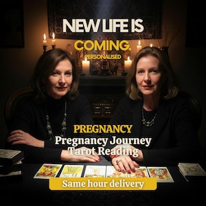 Könnte beinhalten: Zwei Frauen sitzen an einem Tisch mit Tarotkarten, Kerzen und dem Text "NEW LIFE IS COMING." Das Bild wirbt für eine "SCHWANGERSCHAFT" Tarot-Lesung, mit dem Text "Pregnancy Journey Tarot Reading" und "Same hour delivery."