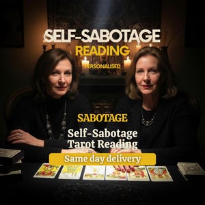 Può includere: Due donne sedute a un tavolo con carte dei tarocchi, candele e la scritta "SELF-SABOTAGE READING". È visibile anche il testo "SABOTAGE" e "Self-Sabotage Tarot Reading". L'immagine ha un'estetica oscura e mistica.