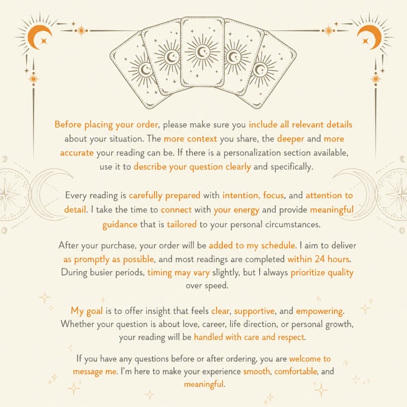 K&ouml;nnte beinhalten: Eine cremefarbene Infografik mit f&uuml;nf Tarot-Karten-Illustrationen von Sonne und Mond am oberen Rand. Der Text enth&auml;lt Anweisungen f&uuml;r die Bestellung einer Lesung und betont die Notwendigkeit von Kontext, Personalisierung und pr&auml;zisen Fragen.