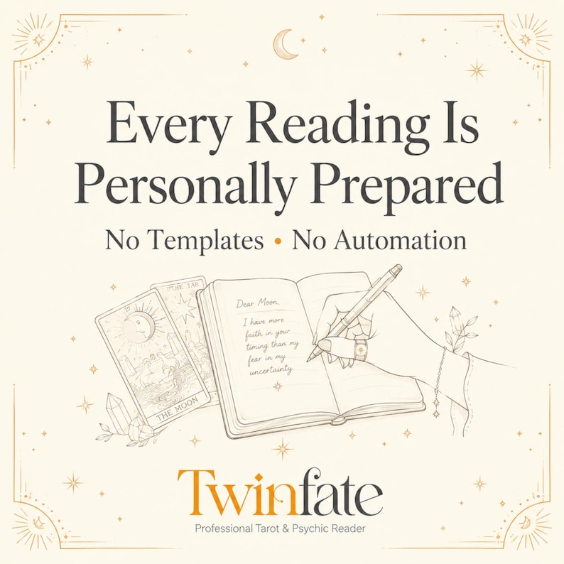 K&ouml;nnte beinhalten: Eine beige Grafik mit dem Text Every Reading Is Personally Prepared, No Templates, No Automation und Twinfate Professional Tarot & Psychic Reader. Eine Illustration zeigt eine Hand, die in ein Tagebuch neben einer Mond-Tarotkarte schreibt.