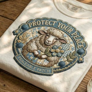 May include: Cream-colored t-shirt with a circular patch featuring a sheep holding a flower. The patch reads "PROTECT YOUR PEACE" and "PEACEABLE PATCH" in a blue and cream color scheme. The shirt is folded on a wooden surface.