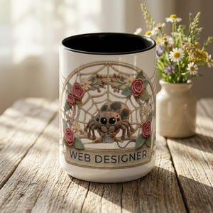 May include: A white ceramic mug with a black interior, decorated with a spider and dreamcatcher design, pink roses, and the text "WEB DESIGNER". The mug is placed on a wooden table, with a small vase of flowers in the background.