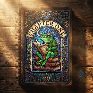 Può includere: Quaderno a spirale con un design a vetrata raffigurante una rana verde con occhiali che legge un libro. Le parole "CHAPTER ONE" sono in alto. La rana è seduta su una pila di libri. La copertina ha una texture in pelle marrone.
