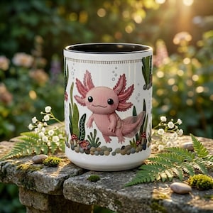 May include: White ceramic mug featuring a pink axolotl design with green plants, mushrooms, and bubbles. The mug has a black interior and is set on a stone surface with greenery in the background.
