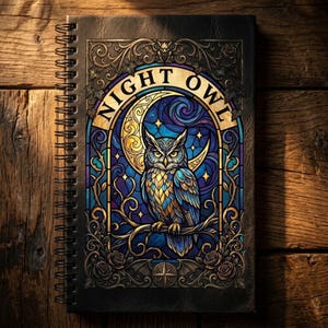 May include: A spiral-bound notebook with a decorative cover featuring a stained-glass style owl design. The cover has the words "NIGHT OWL" above the owl, with a crescent moon and stars in the background. The color palette includes blues, golds, and purples.