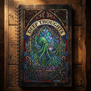 May include: A spiral-bound notebook with a cover featuring a stained-glass design. The design includes an octopus holding a teacup, with the words "DEEP THOUGHTS" arched across the top. The color palette includes blues, greens, and purples, with a dark brown border.