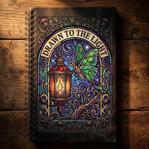 May include: Spiral-bound notebook with a stained-glass design featuring a lantern, a green moth, and the text "DRAWN TO THE LIGHT." The cover has a dark leather texture, and the background is a wooden surface.