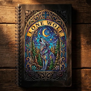 May include: Spiral-bound journal with a stained-glass design featuring a howling wolf under a crescent moon and stars. The words "LONE WOLF" are arched above the scene. The cover is dark with ornate floral and scrollwork details.