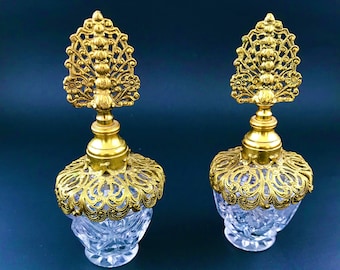 Vintage Perfume Bottles. Cut Glass, Brass Decanters. Ormolu Toppers. Ornate Crystal Vanity Set. Stunning Ladies' Vanity Set. Christmas Gift.