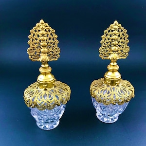 Vintage Perfume Bottles. Cut Glass, Brass Decanters. Ormolu Toppers. Ornate Crystal Vanity Set. Stunning Ladies&#39; Vanity Set. Christmas Gift.
